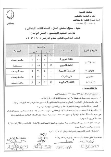 رسمي ومختوم من الوزير “جداول امتحانات نهاية العام 2019” الترم الثاني لمحافظات مصر