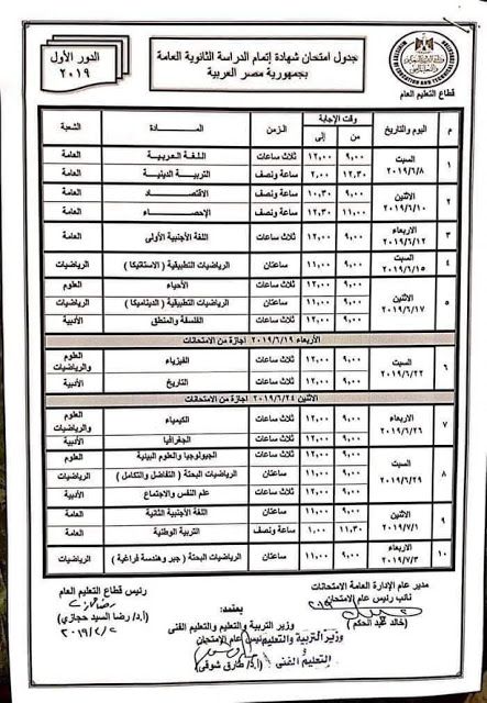 رسمي ومختوم من الوزير “جداول امتحانات نهاية العام 2019” الترم الثاني لمحافظات مصر