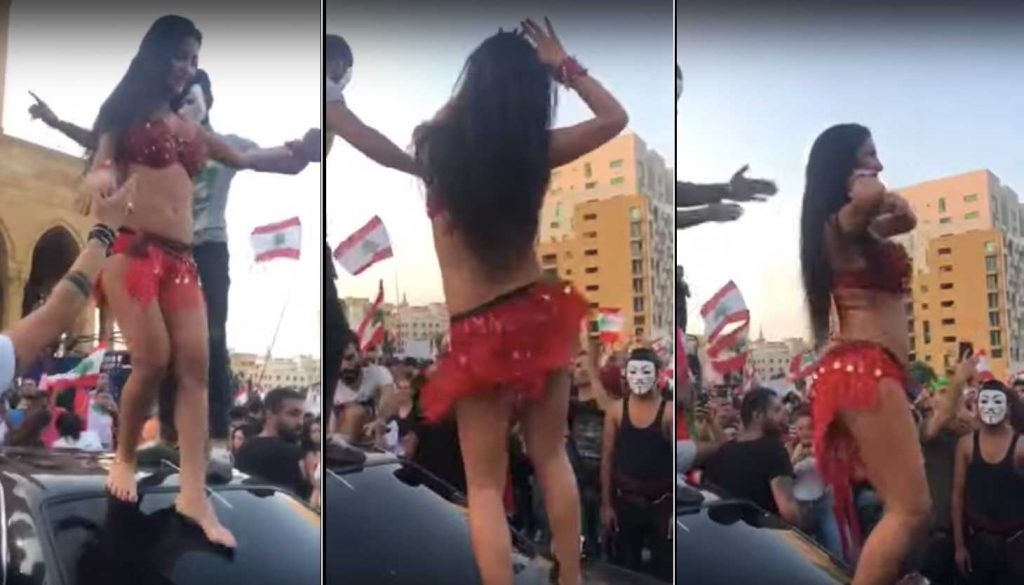شاهد.. وصلة رقص شرقي بين المتظاهرين في لبنان تثير الجدل