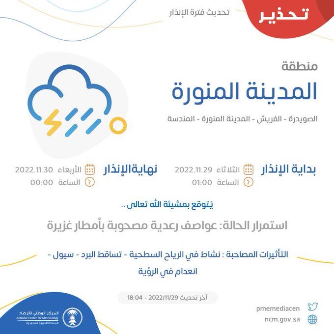 الأرصاد ترفع حالة الإنذار بمنطقة المدينة المنورة إلى تحذير