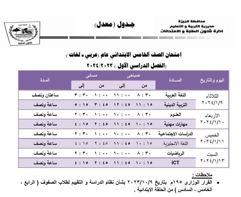 تبدأ 9 يناير.. جدول امتحانات نصف العام لتلاميذ رابعة وخامسة ابتدائى بالجيزة