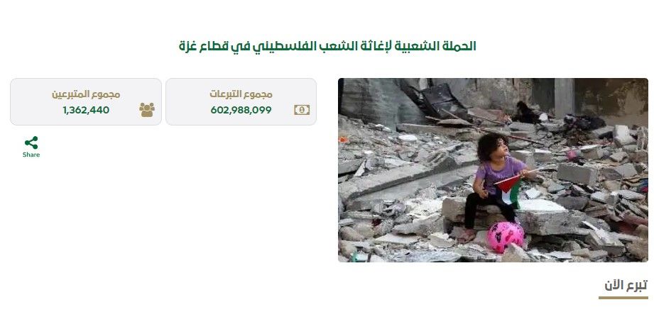 إجمالي تبرعات السعوديين لدعم الأشقاء في غزة يقارب 603 ملايين ريال