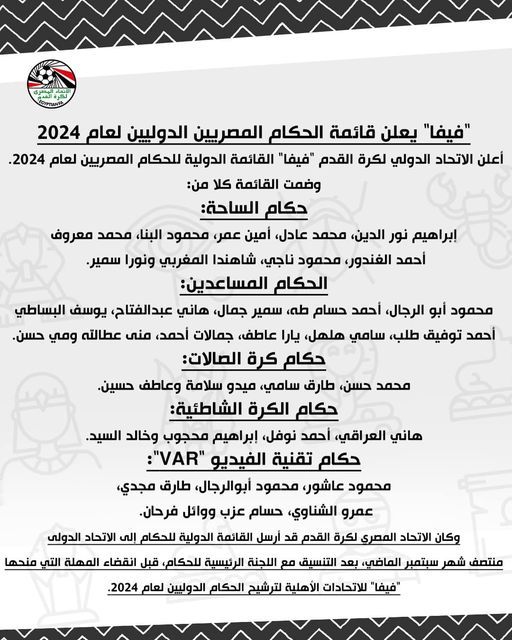 "فيفا" يعلن قائمة الحكام المصريين الدوليين لعام 2024