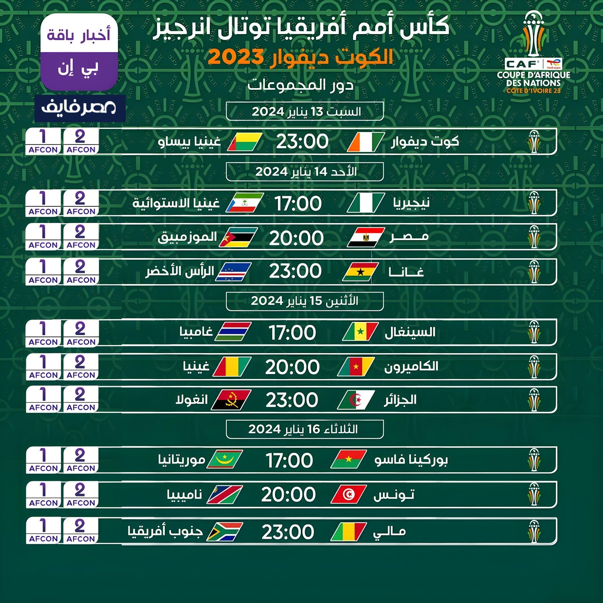 تراند اليوم : مواعيد مباريات مصر والجزائر والمغرب وتونس وموريتانيا في كأس الأمم الإفريقية والقنوات الناقلة لها