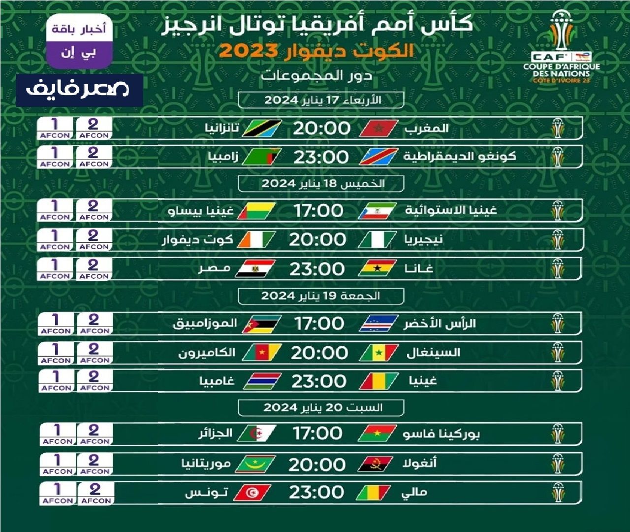 تراند اليوم : مواعيد مباريات مصر والجزائر والمغرب وتونس وموريتانيا في كأس الأمم الإفريقية والقنوات الناقلة لها