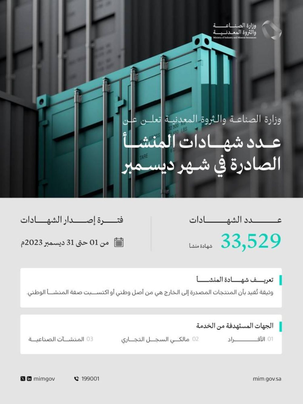 «الصناعة»: إصدار 33 ألف شهادة منشأ في شهر ديسمبر الماضي