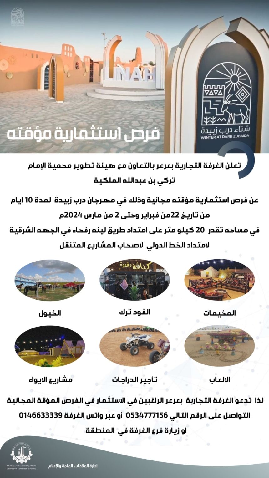 غرفة عرعر تطرح فرصاً استثمارية مؤقتة بالتعاون مع محمية الإمام تركي الملكية