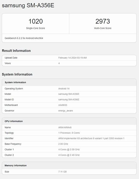 تكنولوجيا: هاتف Galaxy A35 يظهر في قاعدة بيانات Geekbench برقاقة Exynos 1380