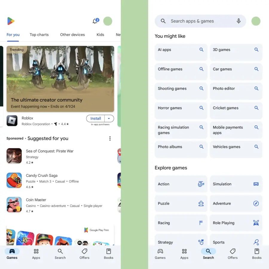 تكنولوجيا: متجر Google Play يطرح علامة تبويب بحث جديدة في الشريط السفلي