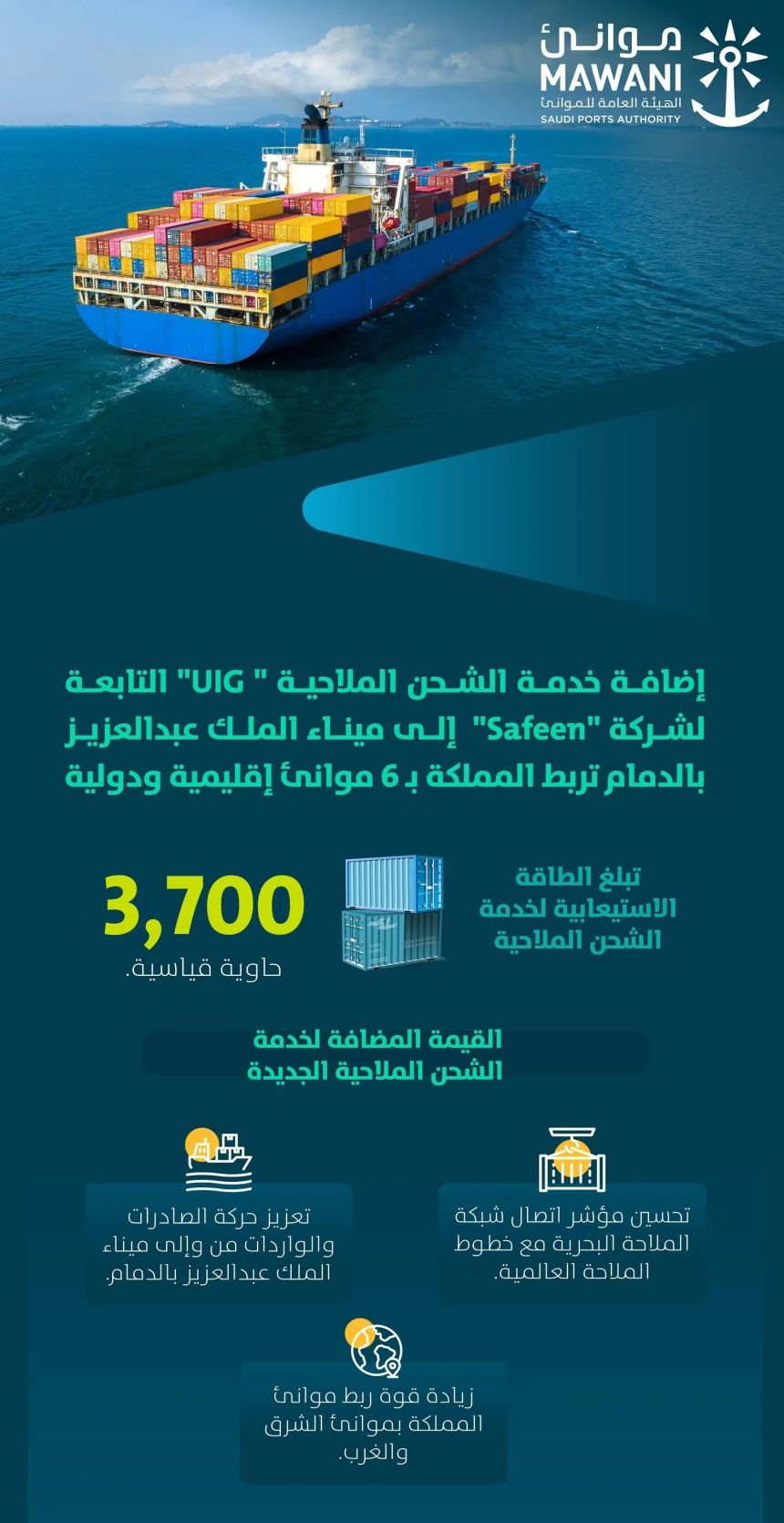 "موانئ" تضيف خدمة الشحن "UIG" لتعزيز حركة الصادرات والواردات العالمية