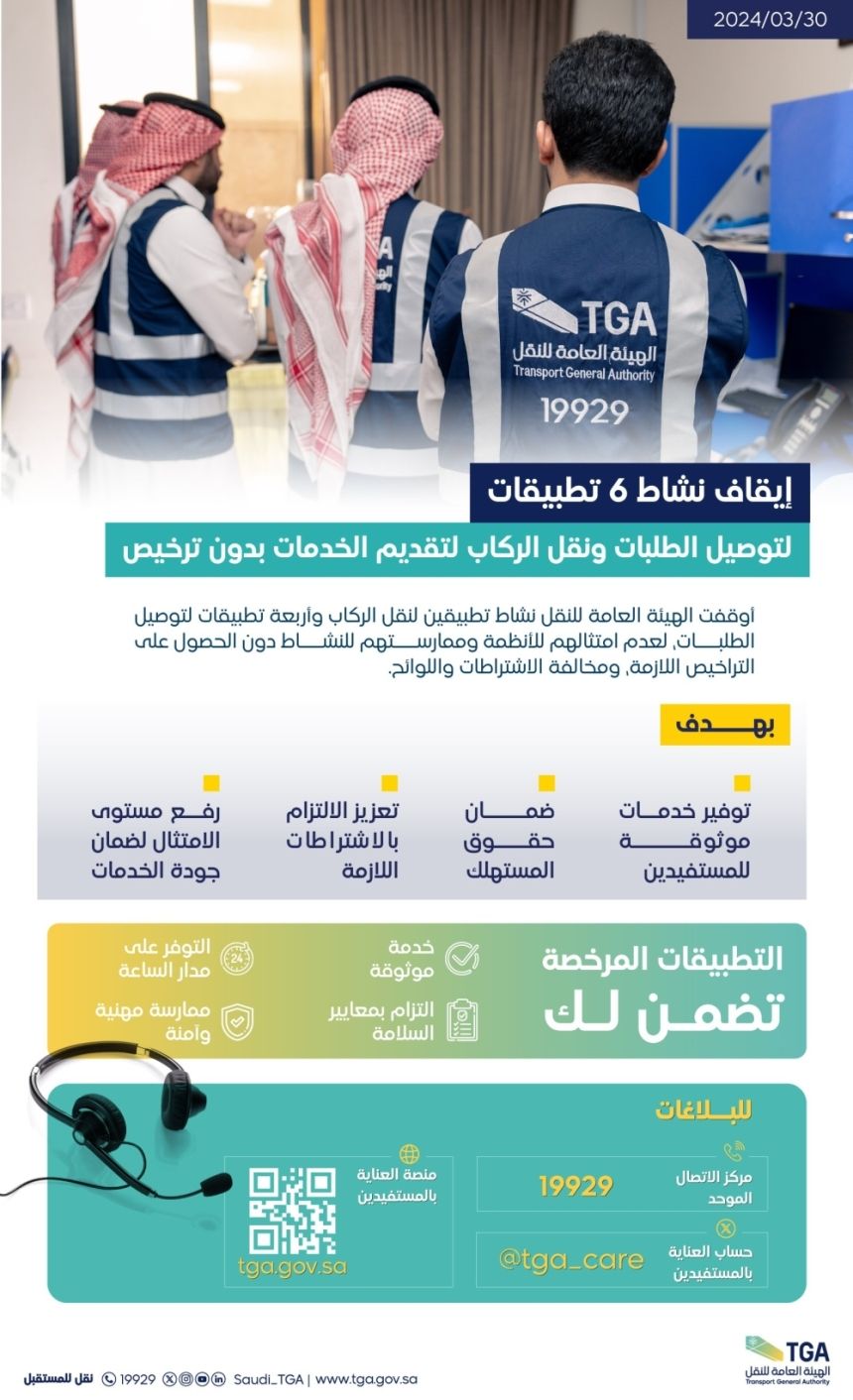 هيئة النقل توقف 6 تطبيقات لنقل الركاب وتوصيل الطلبات