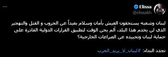 إليسا تندد بالقصف الإسرائيلي على لبنان: نستحق العيش بأمان وسلام
