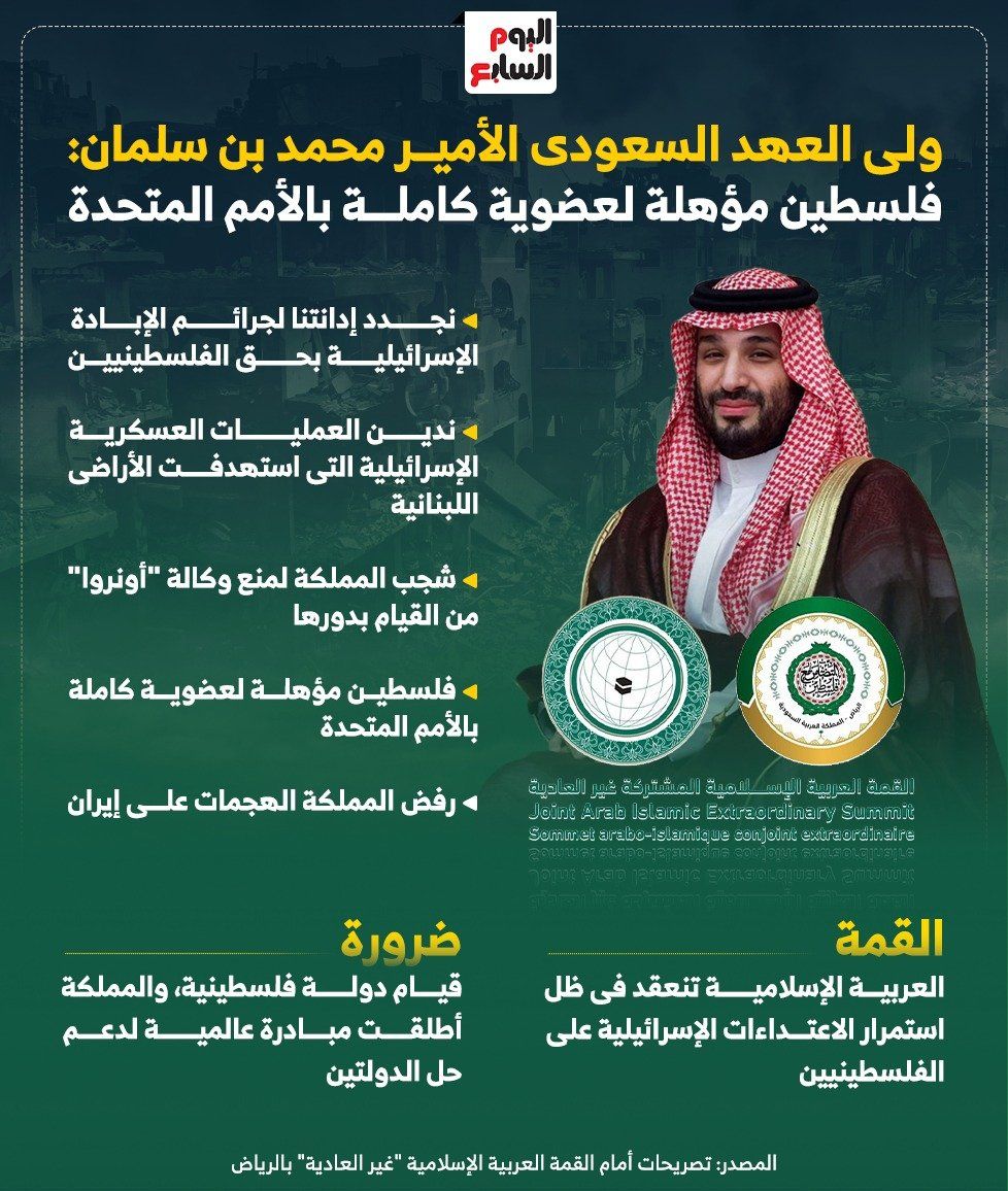 ولى العهد السعودى: فلسطين مؤهلة لعضوية كاملة بالأمم المتحدة (إنفوجراف)