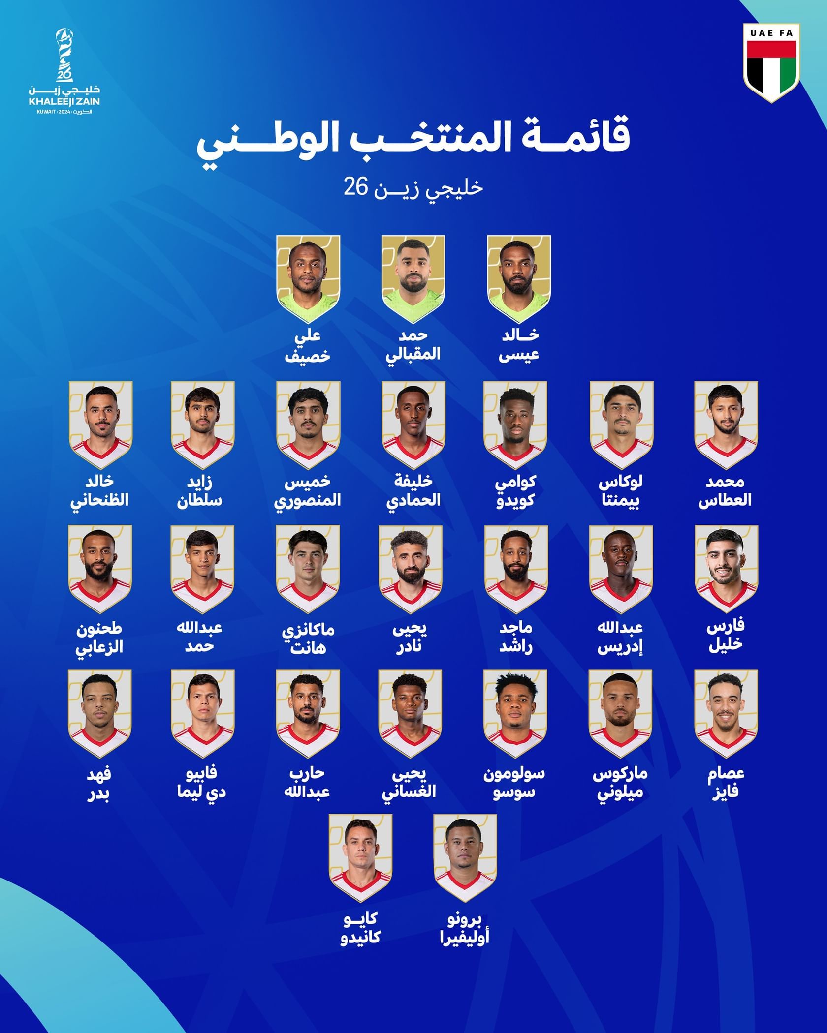 الامارات | الجهاز الفني يعلن قائمة المنتخب الوطني في خليجي 26 بالكويت