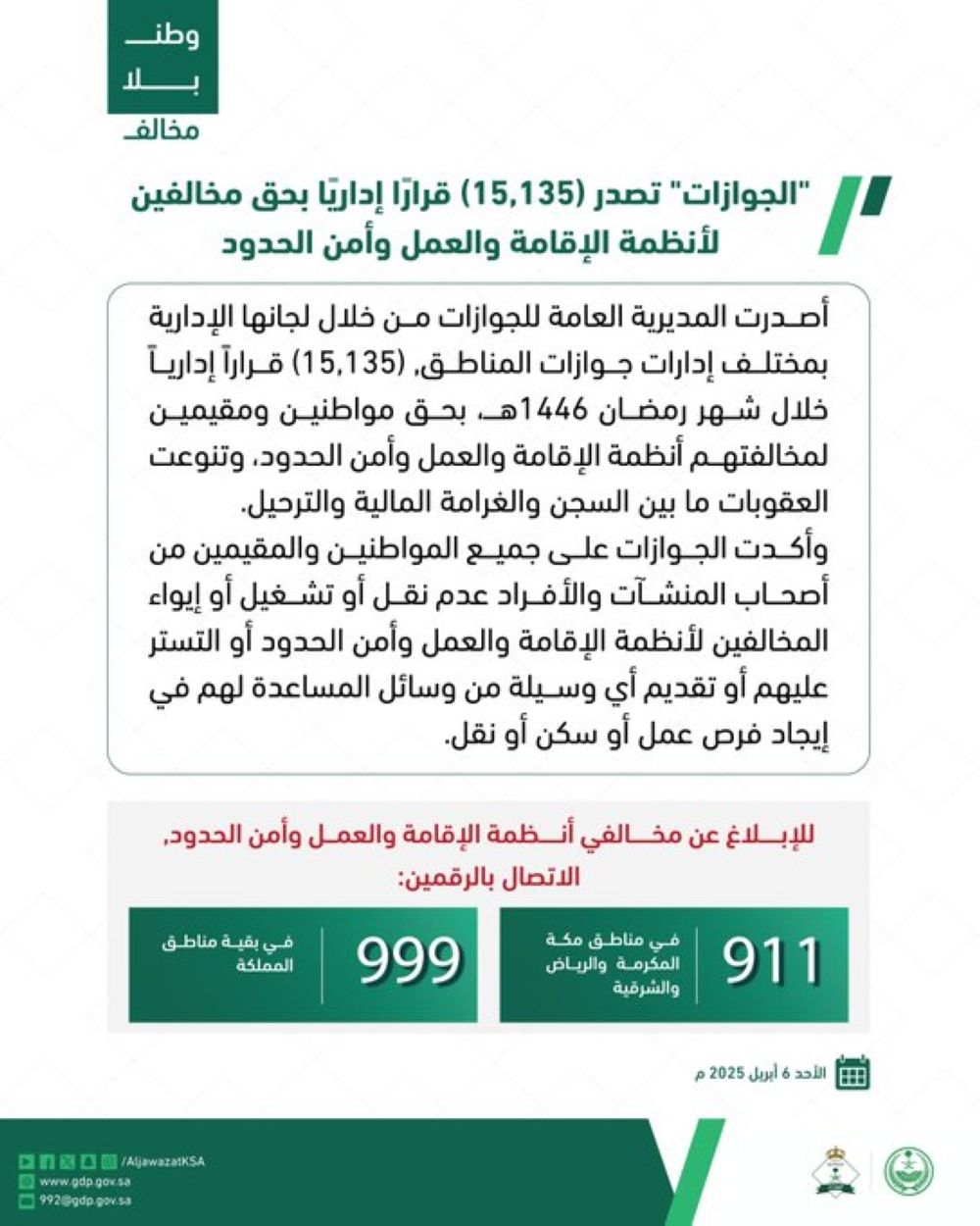 سجن وترحيل.. "الجوازات" تصدر 15,135 قرارًا إداريًا بحق مخالفين