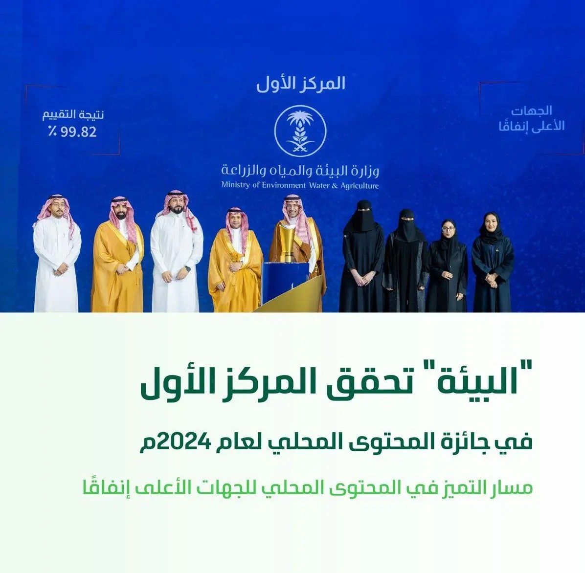 السعودية | “البيئة” تحقق المركز الأول لجائزة التميز في المحتوى المحلي للجهات الأعلى إنفاقًا