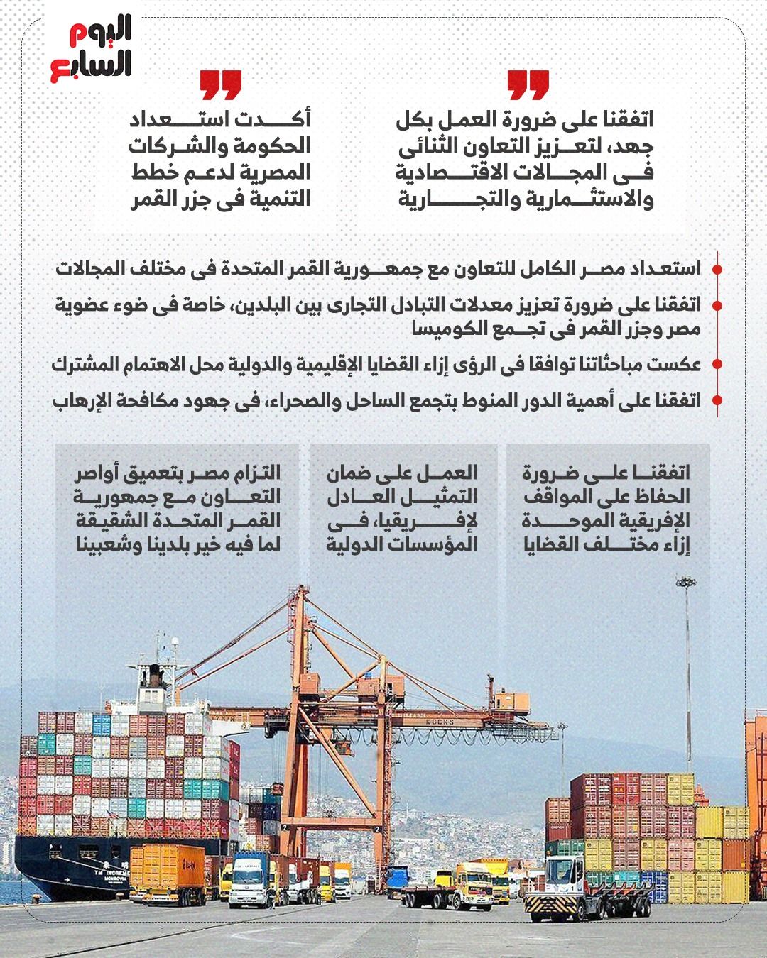 الرئيس السيسى يؤكد استعداد مصر الكامل للتعاون مع جمهورية القمر المتحدة (إنفوجراف)