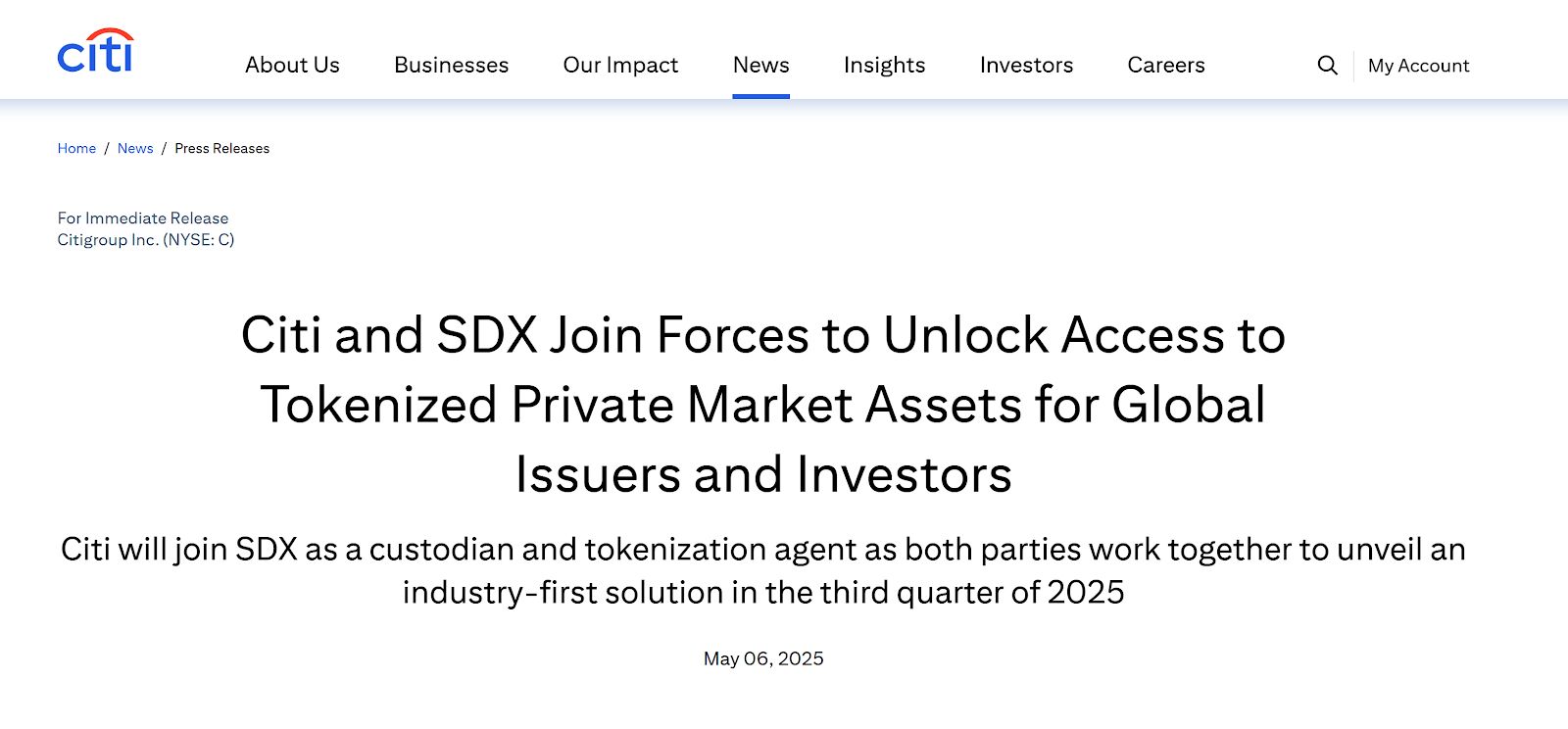 Citi وSDX تتعاونان لترميز الأسواق الخاصة التقليدية