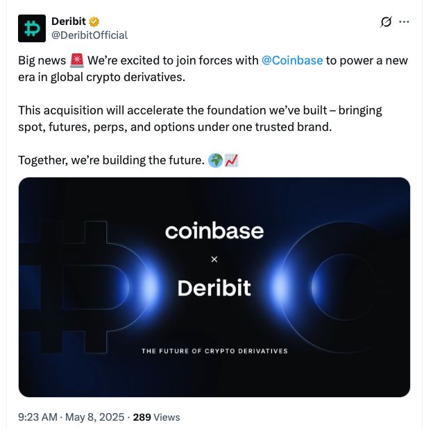 Coinbase تستحوذ على منصة المشتقات Deribit مقابل 2.9 مليار دولار لتوسيع حضورها العالمي