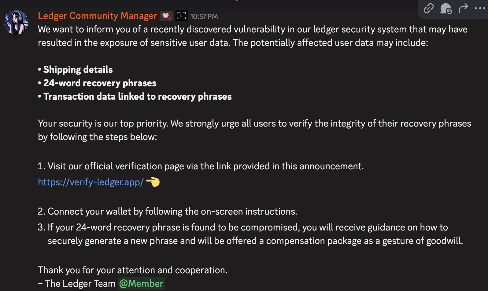 ليدجر تؤمّن خادم Discord بعد محاولة قرصنة لسرقة العبارات السرية