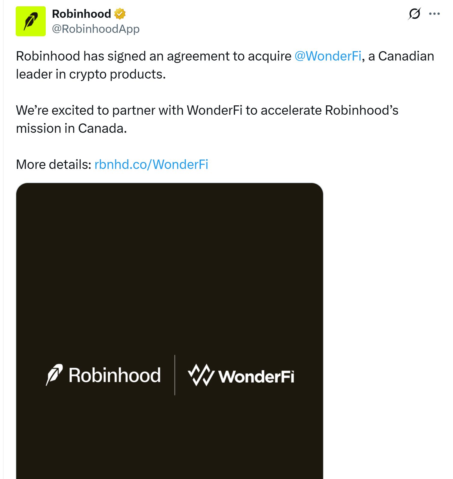 Robinhood تستحوذ على WonderFi الكندية مقابل 179 مليون دولار ضمن توسعها العالمي في الكريبتو