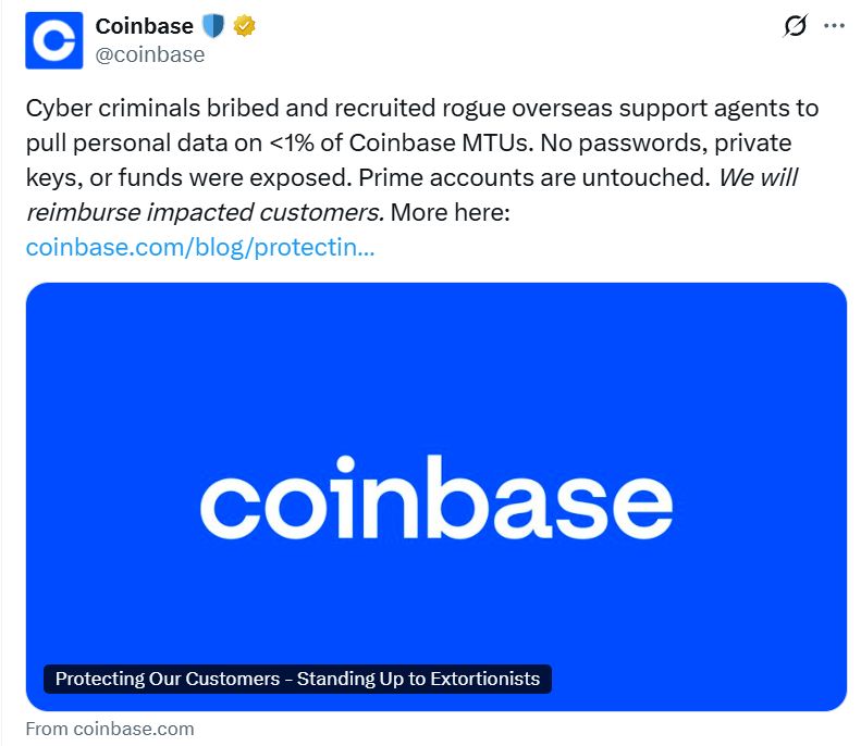 منصة Coinbase تواجه فاتورة بقيمة 400 مليون دولار بعد هجوم تصيّد داخلي