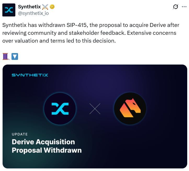 Synthetix تلغي صفقة الاستحواذ على Derive بقيمة 27 مليون دولار بعد اعتراضات من المجتمع