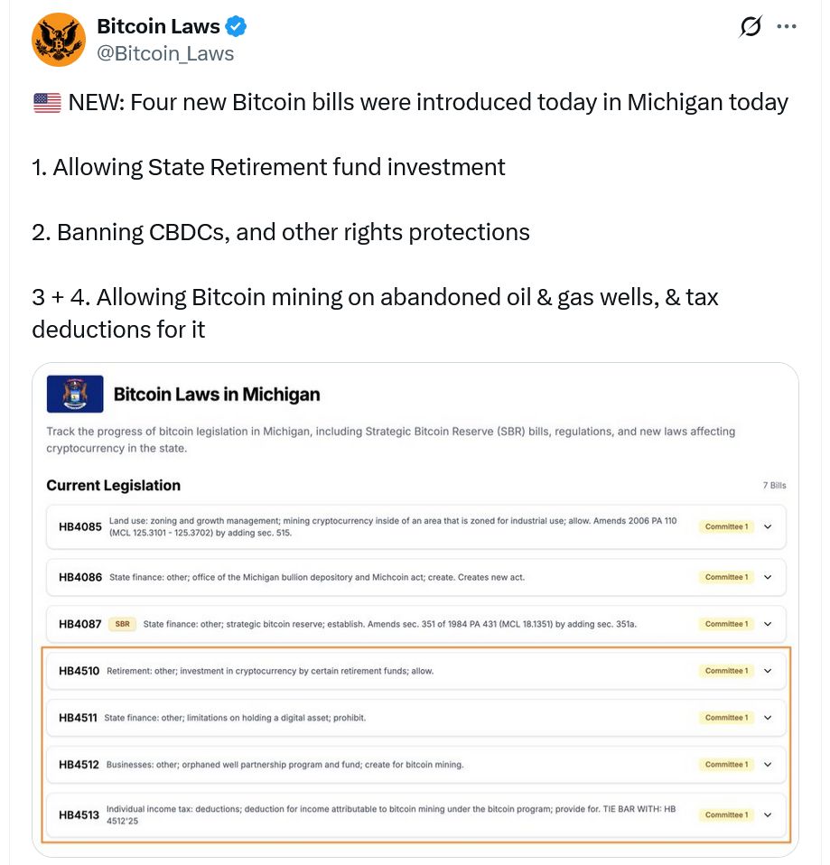 نواب ميشيغان يتقدمون بأربعة مشاريع قوانين تتعلق بالكريبتو تشمل صناديق المتقاعدين، العملات الرقمية للبنك المركزي، والتعدين