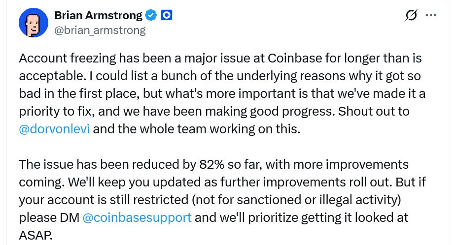Coinbase تعلن معالجتها لمشكلة تجميد الحسابات وتصفها بـ"القضية الكبرى"