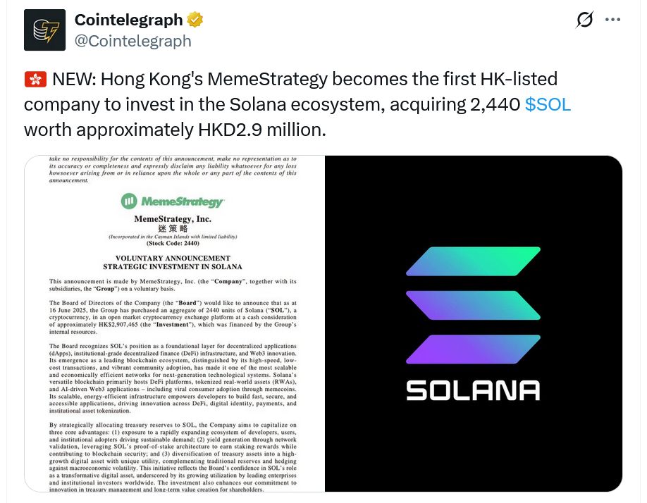 ارتفاع سهم MemeStrategy بنسبة 29% بعد أول عملية شراء لـ Solana