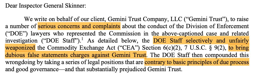 Gemini تتهم مسؤولي CFTC بشن "حملة قضائية لصيد الجوائز" في 2022