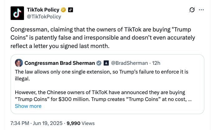 تيك توك تنفي شراء عملة الميم TRUMP ردًا على اتهامات نائب أمريكي