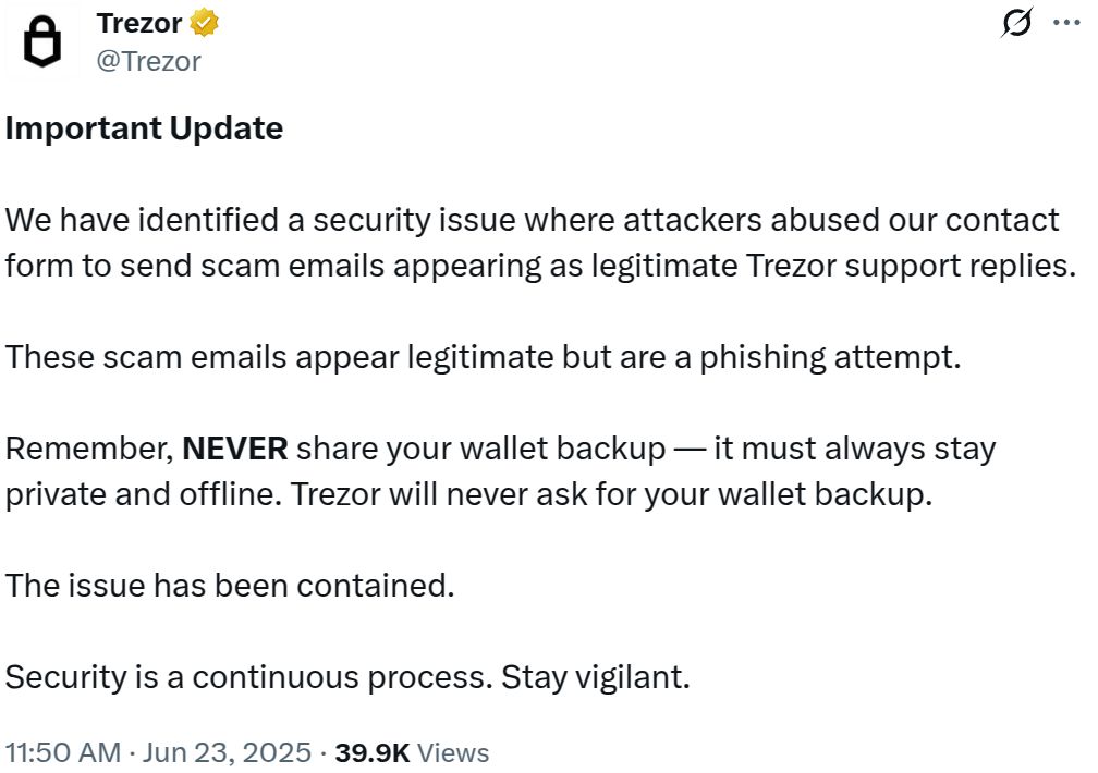 Trezor تحذّر المستخدمين من رسائل تصيّد تنتحل شخصية دعم العملاء