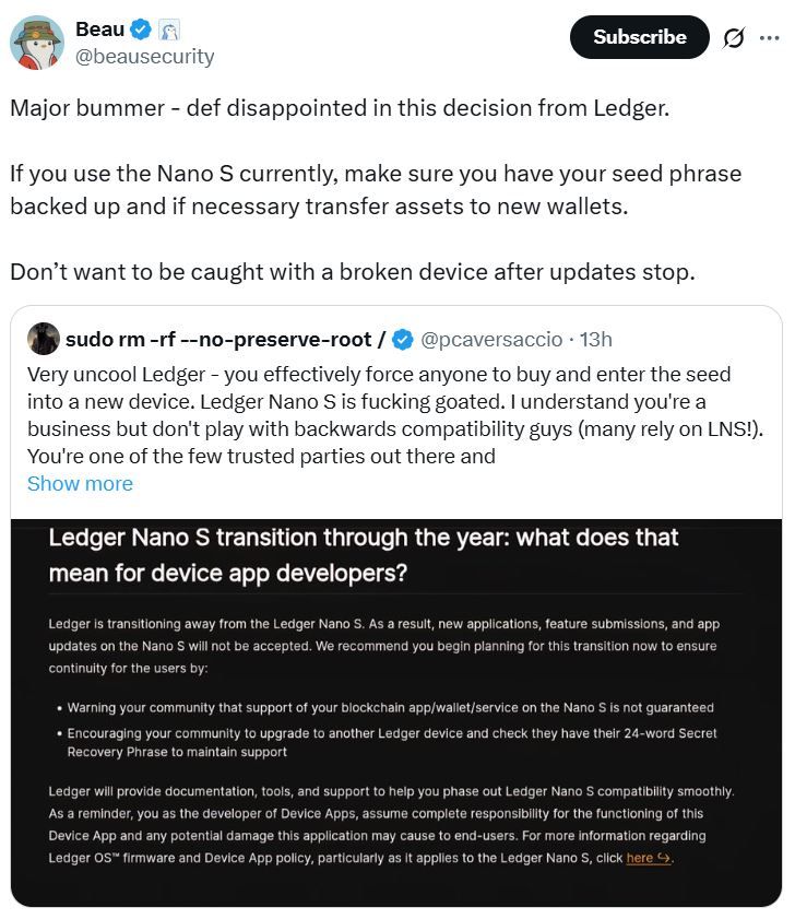 خيبة أمل كبيرة: المستخدمون يكتشفون أن Ledger تتخلى عن دعم جهاز "Nano S" القديم