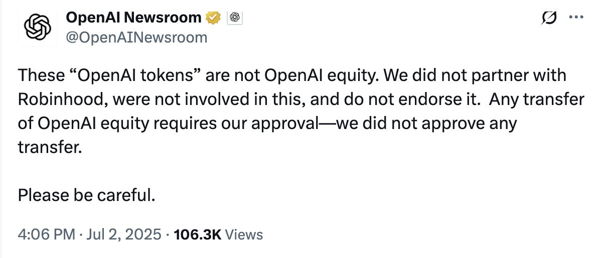 OpenAI توضح أن توكنات Robinhood لا تمثّل أسهماً في الشركة