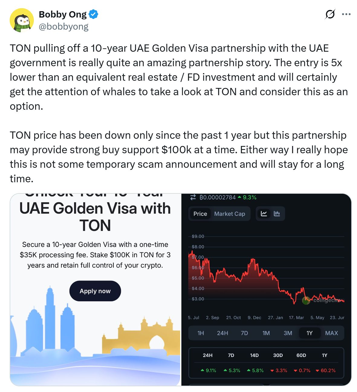 منصة TON تعرض تأشيرة إقامة ذهبية في الإمارات لمدة 10 سنوات مقابل 100,000 دولار من عملة Toncoin