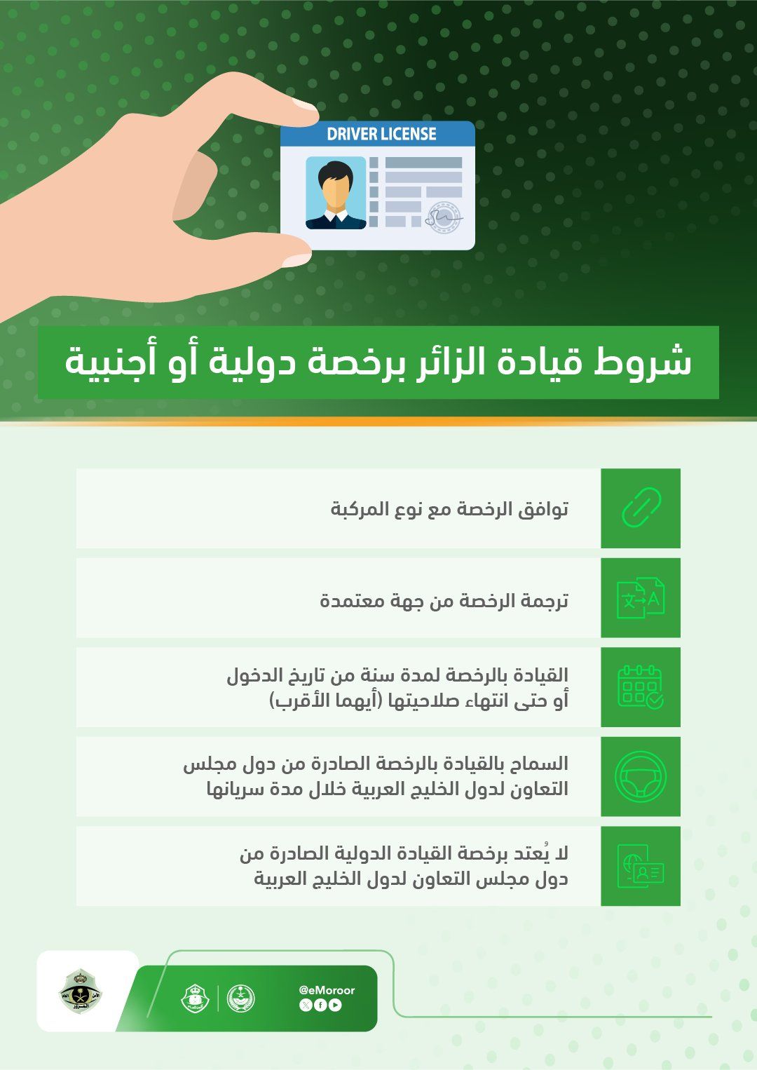 المرور يوضح شروط قيادة الزائرين بالرخص الأجنبية والدولية