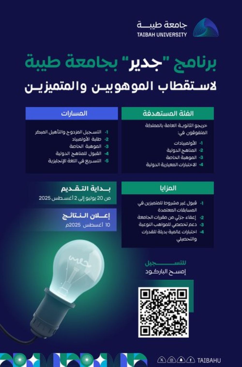 مزايا إضافية.. بدء التقديم على برنامج "جدير” للموهوبين بجامعة طيبة
