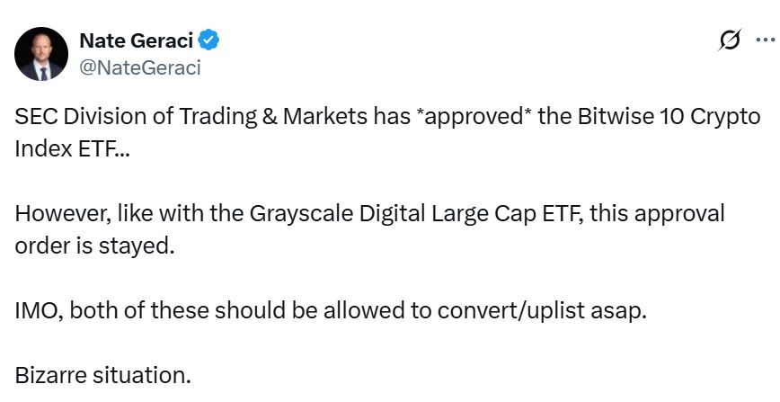 هيئة الأوراق المالية الأمريكية توافق ثم تعلّق فورًا تحويل صندوق Bitwise إلى صندوق متداول بالبورصة