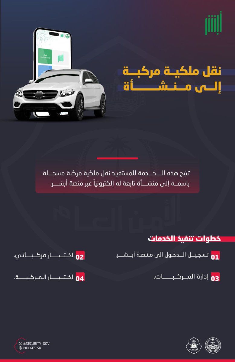 الأمن العام يطلق خدمة نقل ملكية المركبة للمنشآت عبر أبشر
