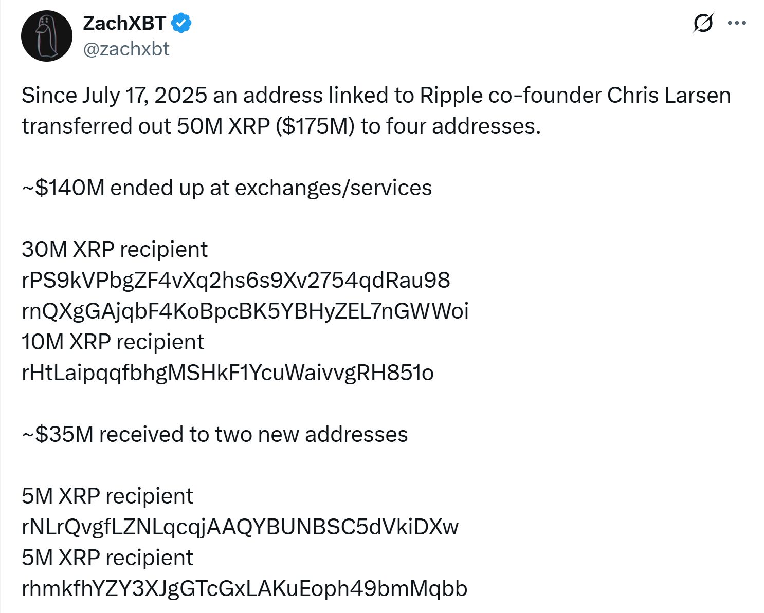 تفريغ XRP: الشريك المؤسس لـRipple يواجه انتقادات بسبب نقل 175 مليون دولار من XRP قرب الذروة