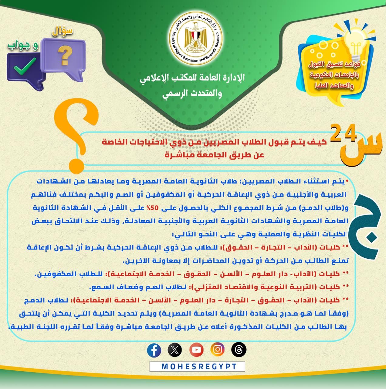 تنسيق الجامعات 2025.. 8 كليات تقبل الطلاب ذوى الاحتياجات الخاصة مباشرة بـ50%