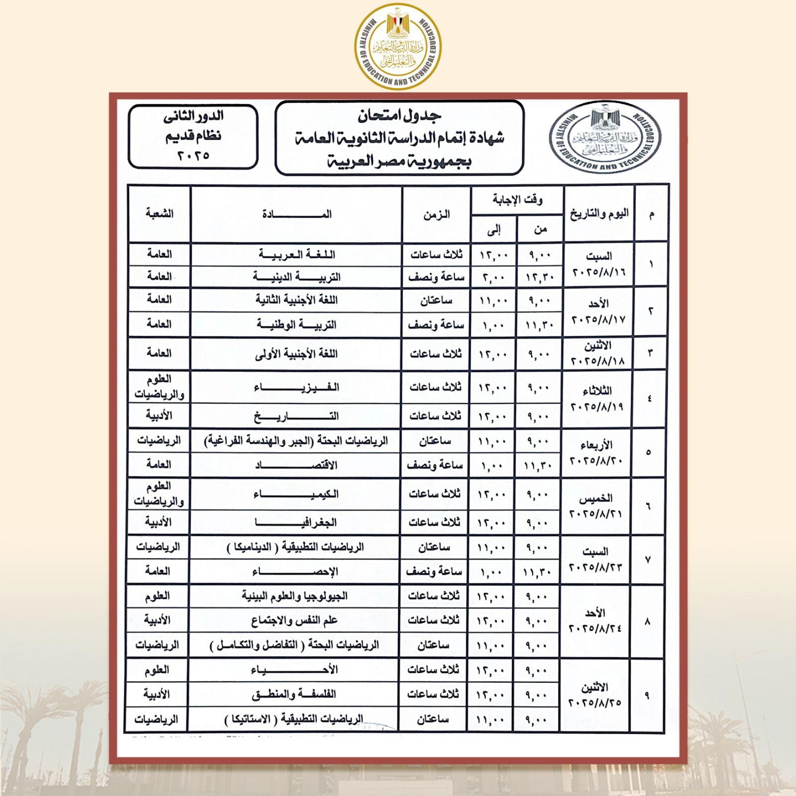 جدول الدور الثانى للثانوية العامة نظام قديم جدول الدور الثانى للثانوية العامة نظام قديم