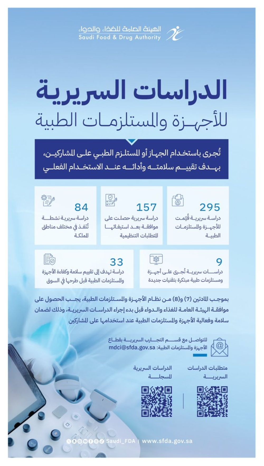 أخبار من السعودية.. "الغذاء والدواء" تنفذ 84 دراسة سريرية طبية تغطي مناطق السعودية