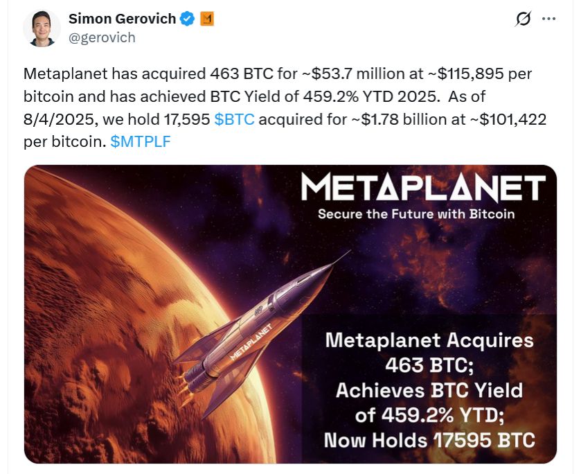 شركة البيتكوين Metaplanet تبدأ أغسطس بأول عملية شراء كبيرة