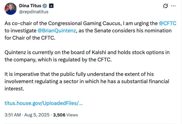 CFTC تتعرض لضغوط للتحقيق مع المرشح براين كوينتينز بسبب علاقاته مع Kalshi