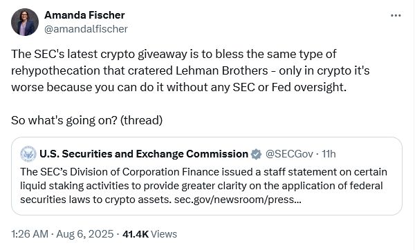 رد فعل غاضب بعد تشبيه مسؤولة سابقة في SEC للتحصيص السائل بانهيار Lehman Brothers