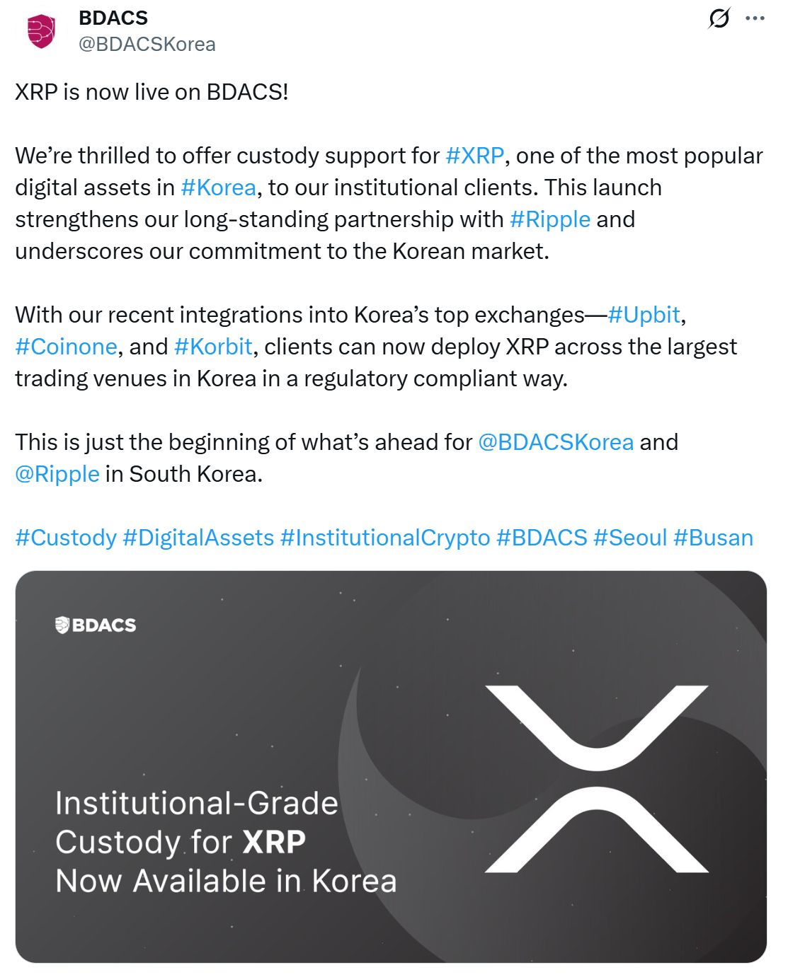 إطلاق خدمة حفظ عملة XRP للمؤسسات في كوريا عبر BDACS وسط "اهتمام قوي"