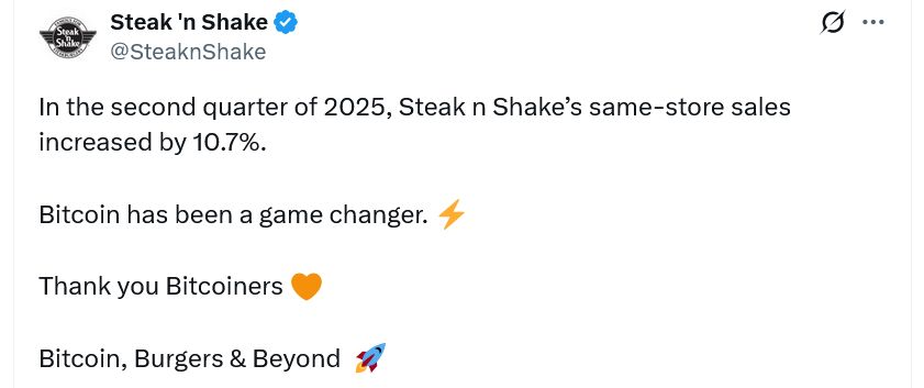 Steak ‘n Shake تشكر مجتمع البيتكوين بعد ارتفاع مبيعات الفروع بنسبة 10.7% في الربع الثاني