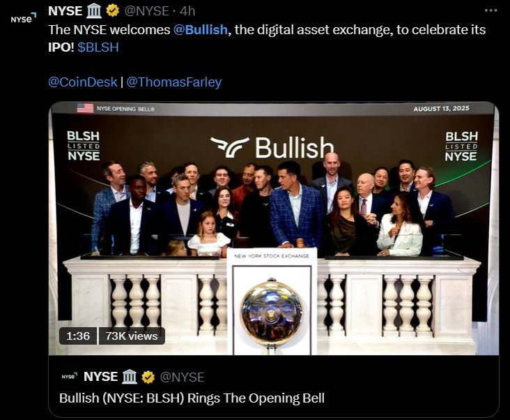 ارتفاع سهم Bullish بنسبة 218% في أول ظهور له في بورصة نيويورك مع دخول العملات المشفرة إلى دائرة الضوء في وول ستريت